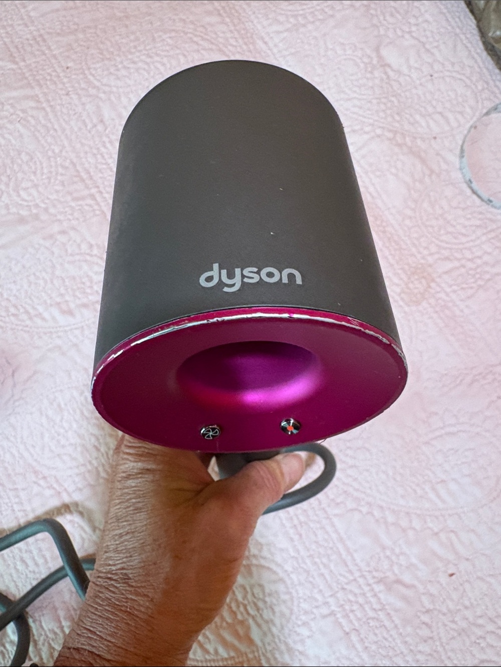 Dyson hair dryer in fuchsia pink and dark gray with attachments - Picture 6 of 7